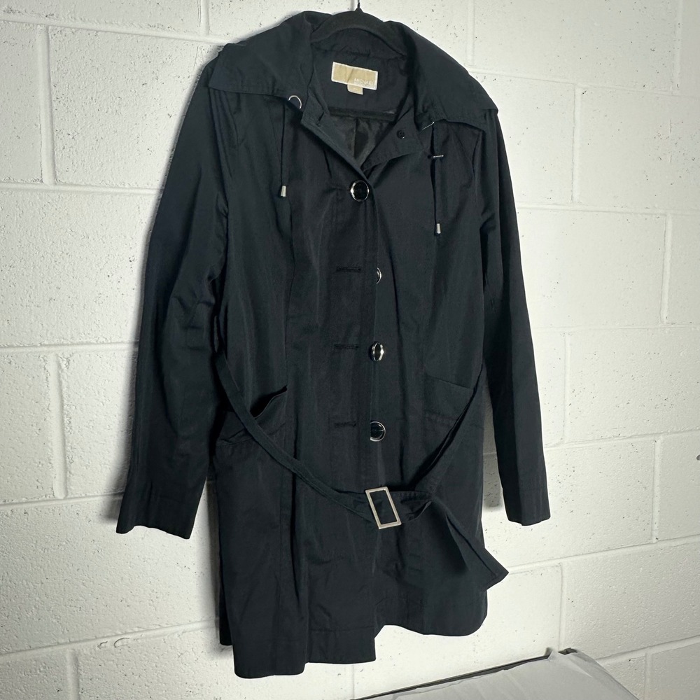 Michael Kors Black Belted mid Trench Coat Hooded Button Front Jacket Medium
